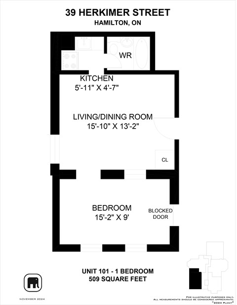 Floor plan for 1 bed, 1 bath